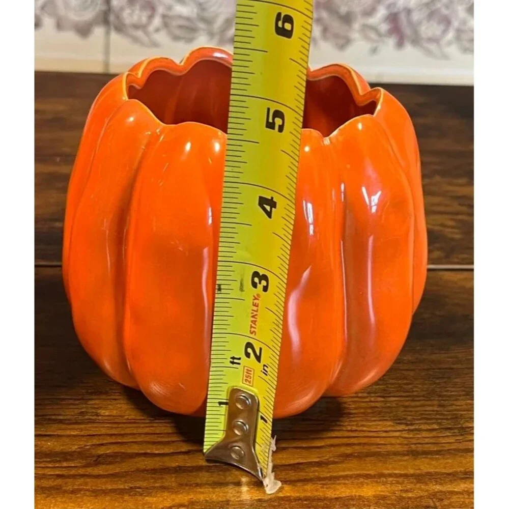 Set of 2 Orange Ceramic Pumpkin Planters – Fall Halloween Décor